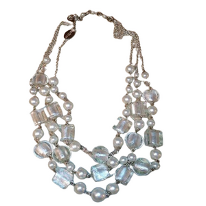 Whbm foil ice art glass and faux pearl multi strand layered statement necklace.